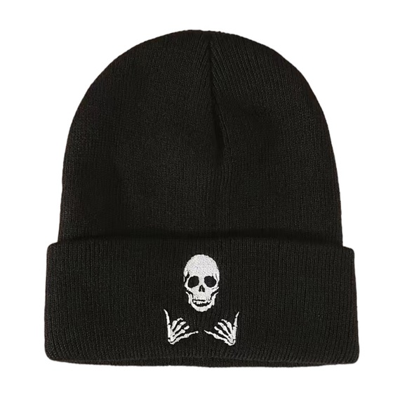 Skull Skeleton Black Knit Cap – Embroidered Skull Beanie‎ goth punk - Picture 1 of 5